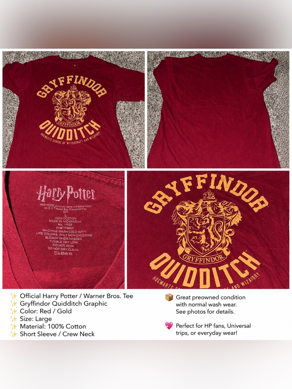 Harry Potter Gryffindor Quidditch Graphic Tee Red Gold Hogwarts Shirt Size L